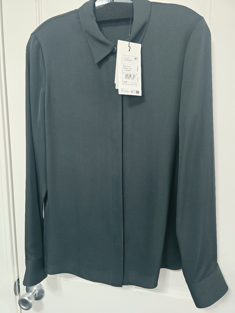 NWT Theory Classic Fitted Silk Shirt Blouse Rich Green Size Large